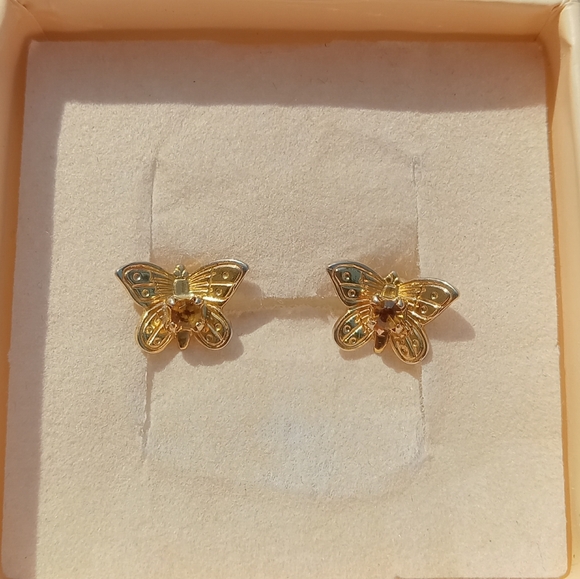 Gold Tone Yellow Citrine Stone Butterfly Post Earrings - Picture 2 of 4